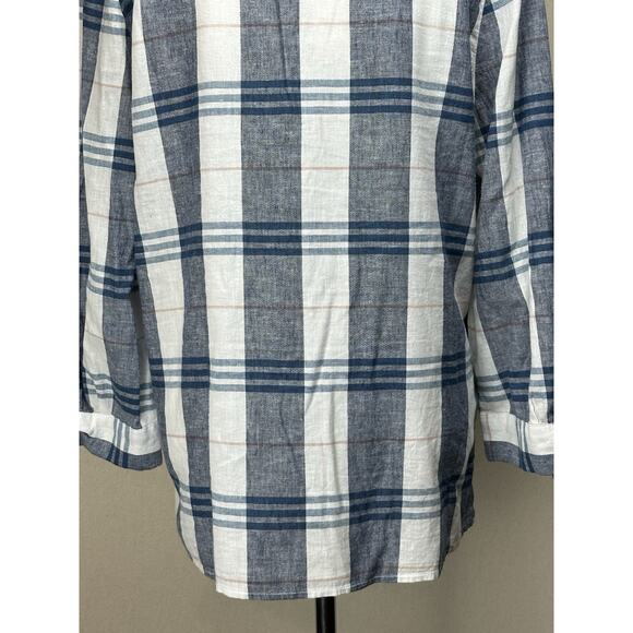 Liz Claiborne 3/4 Sleeve Tunic Blouse Top M Linen Cotton Blend Blue White Plaid - Picture 8 of 15